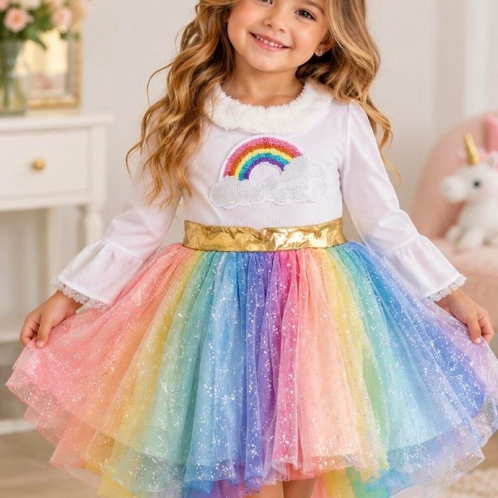 Girls Rainbow Angel Costume Dress 4-5T Gold Wings Glitter Tutu Halloween Target